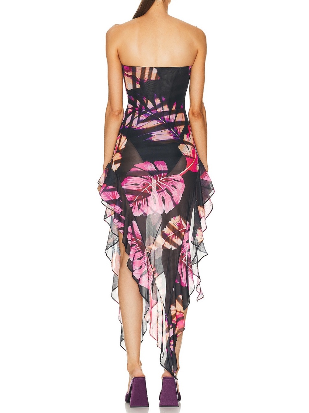 Retrofete Black Strapless Dress with Pink Floral Print - Picture 4 of 6